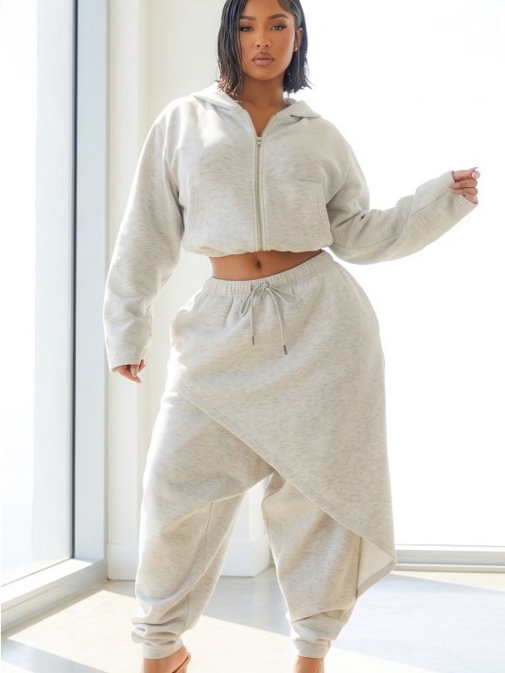 Women's Light Gray Asymmetrical Drawstring Hem Layer Jogger Set ST-89526